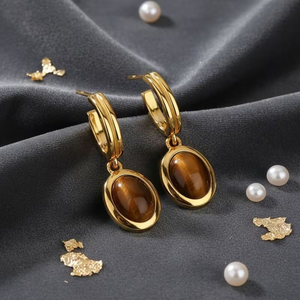 Tiger's Eye Drop Hoop Earrings Gold Dangle Oval Gemstone Pendant Crystal Charm